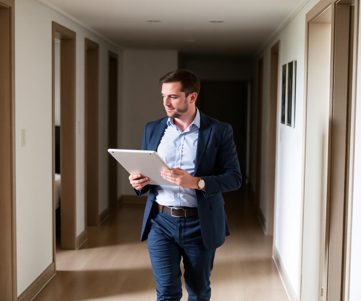 A property manager reviewing rooms on a tablet