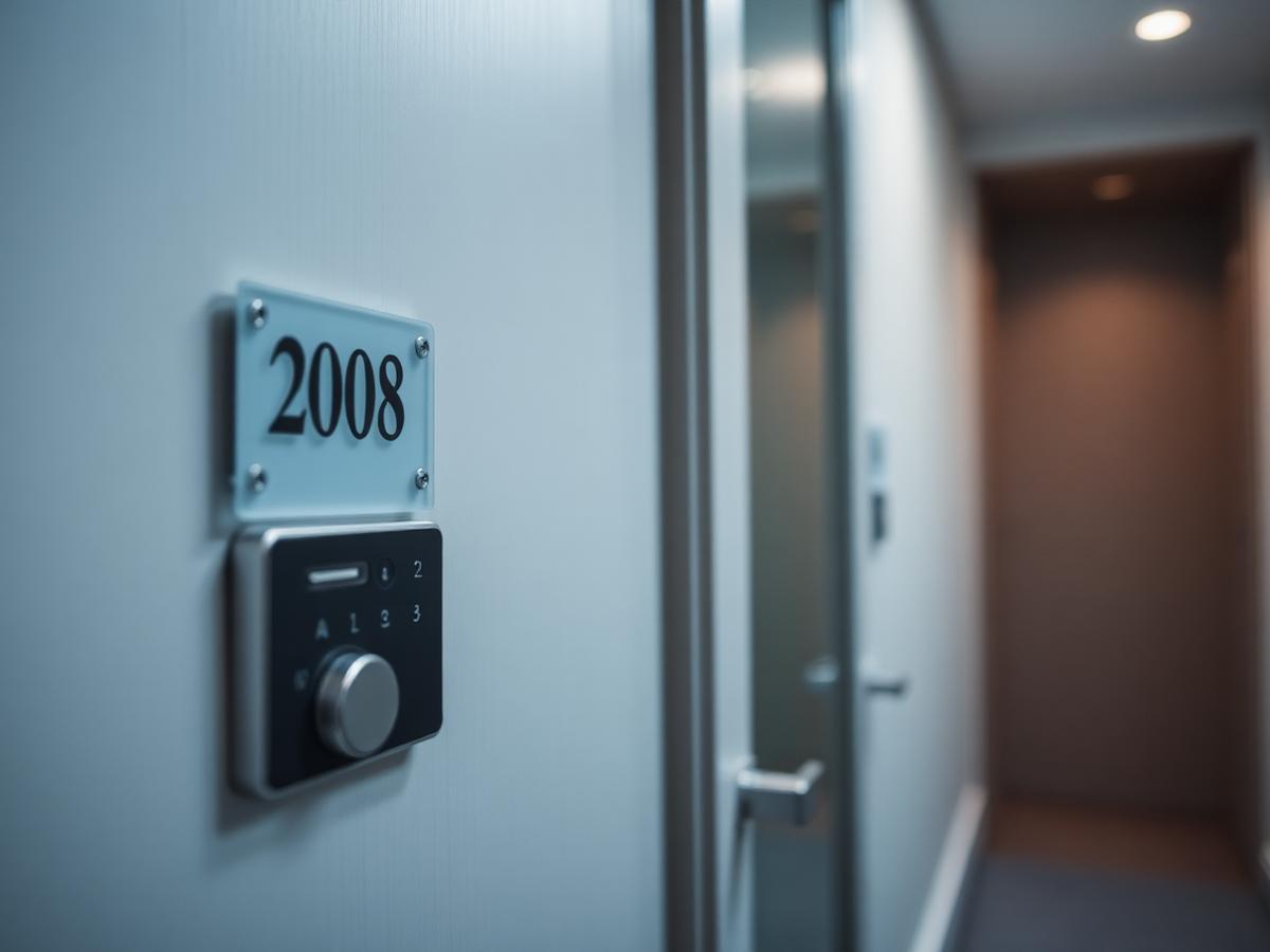 Room door with number plate and electronic lock