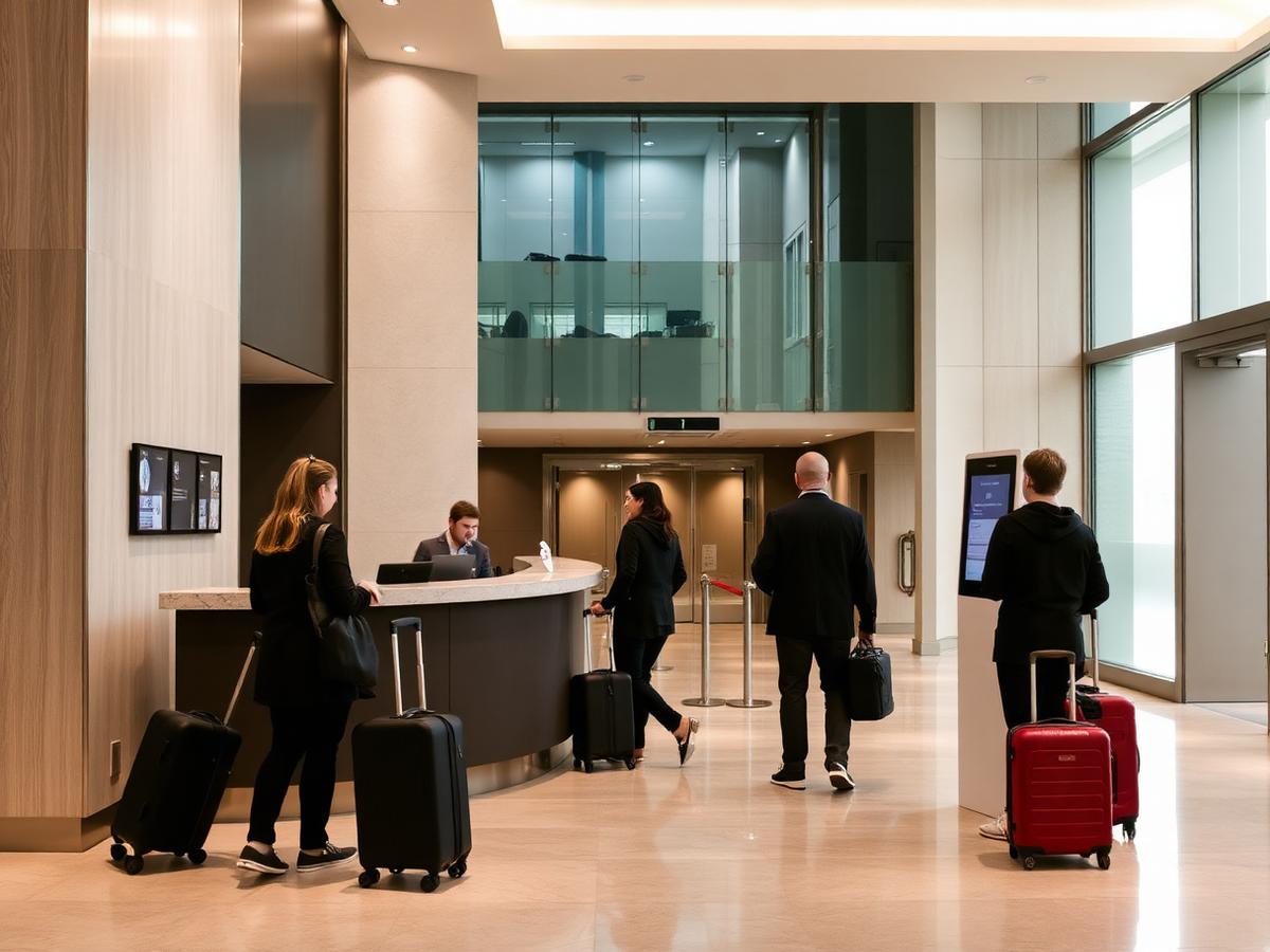 Residents checking in at an accommodation reception