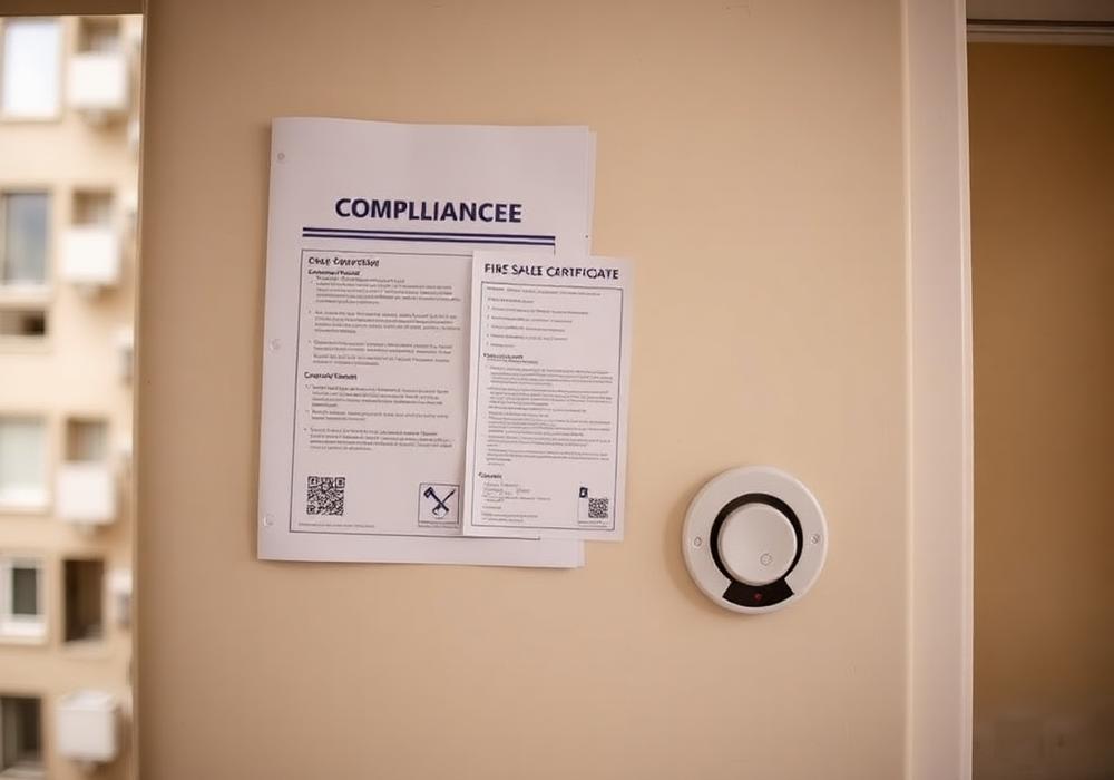 Compliance documents and a smoke alarm in a residential block